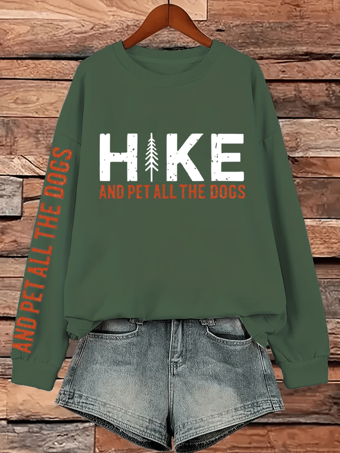 Women's Hike And Pet All The Dogs Printed Crew Neck Long Sleeve Sweatshirt