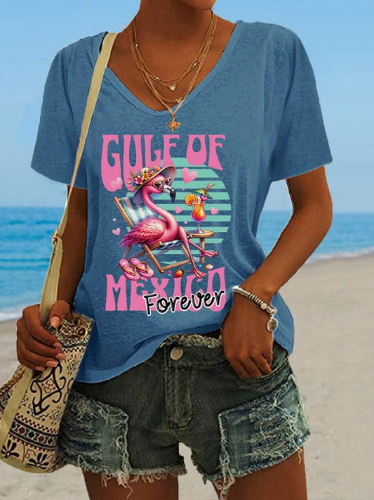 Women's Gulf Of Mexico Print V Neck Casual T-Shirt