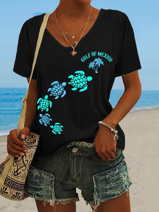 Women's Gulf Of Mexico Print V Neck Casual T-Shirt