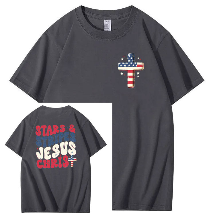 Independence Day Stars&Stripes Jesus Chirs Pattern Print T-Shirt
