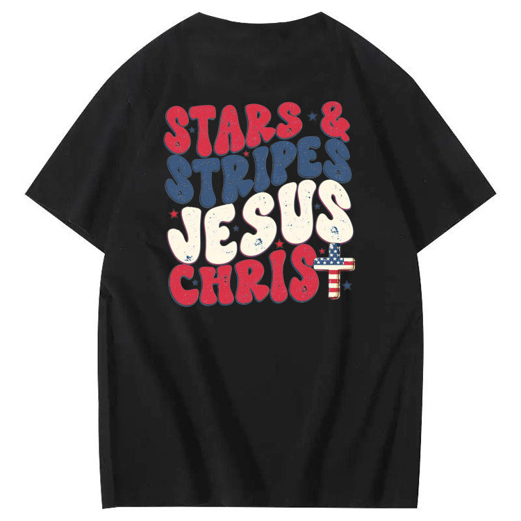 Independence Day Stars&Stripes Jesus Chirs Pattern Print T-Shirt