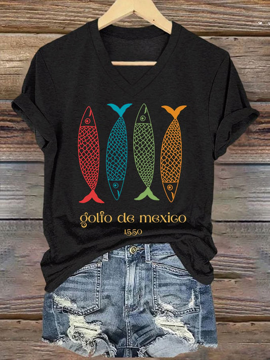 Women's Gulf Of Mexico Printed V Neck T-Shirt