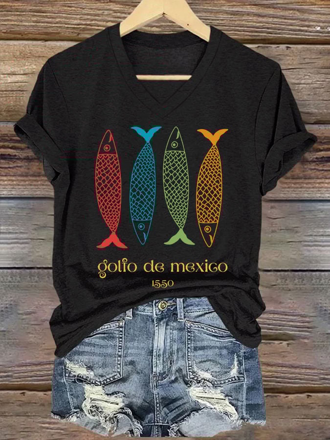 Women's Gulf Of Mexico Printed V Neck T-Shirt