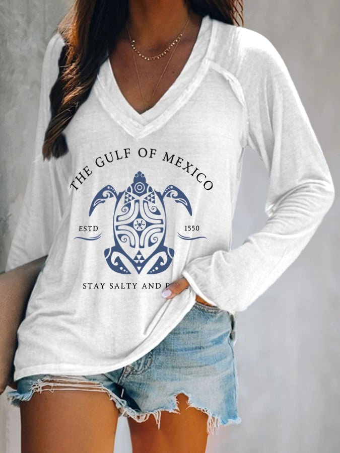 Women's Gulf Of Mexico Print V Neck T-Shirt