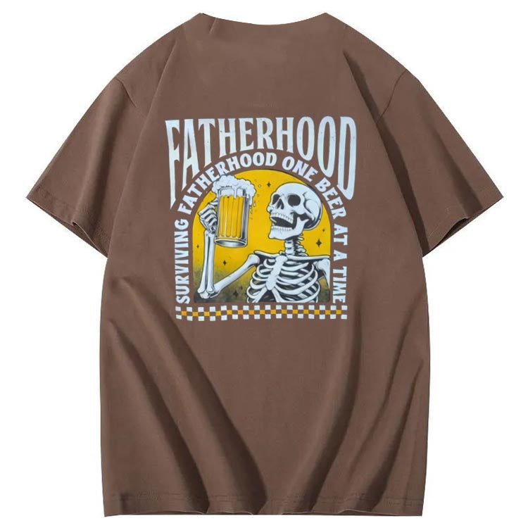 Fatherhood Skull And Beer Pattern Print Cotton T-Shirt