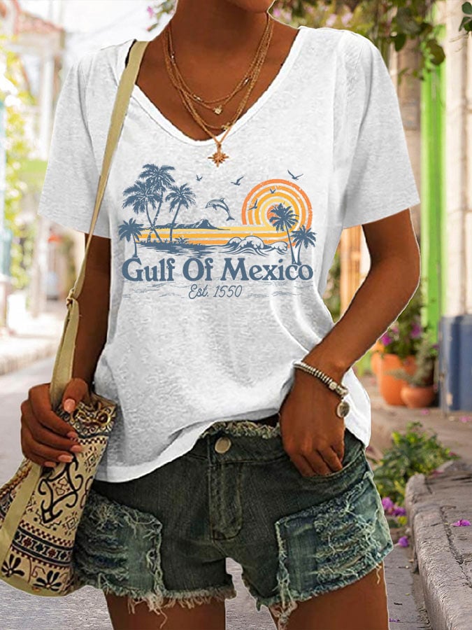 Women's Gulf Of Mexico Print V Neck Casual T-Shirt