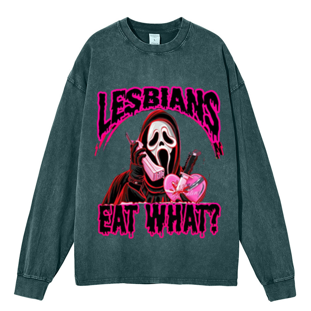 Eat What Ghost Unisex Casual Washed Printed Sweatshirt