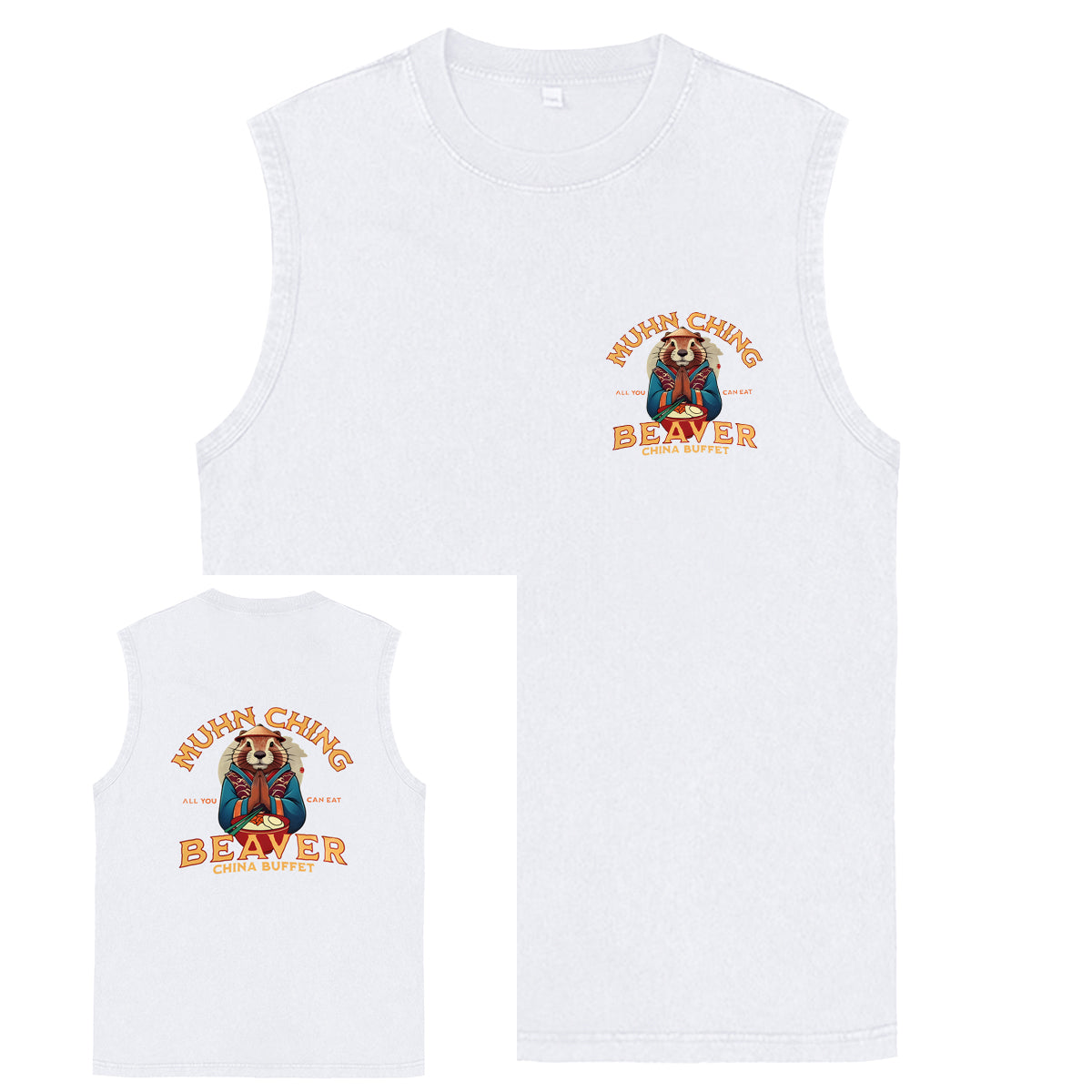 Muhn Ching All You Can Eat Beaver China Buffet Art Print Cotton Sleeveless Tank Tops