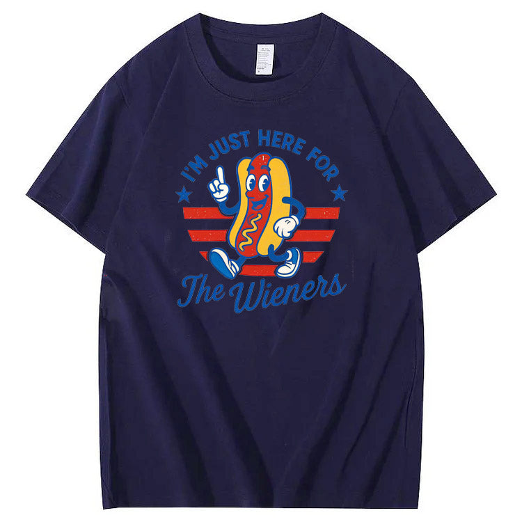 4th Of July Just Here For The Wieners Pattern Print Cotton T-Shirt