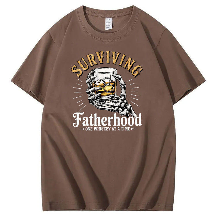 Fatherhood One Whiskey At A Time Pattern Print 100%Cotton T-Shirt