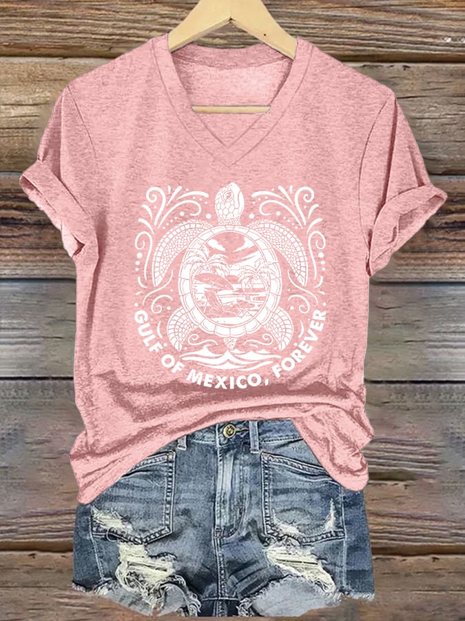 Women's Retro Golfo De Mexico forever Sea Turtle Print T-Shirt
