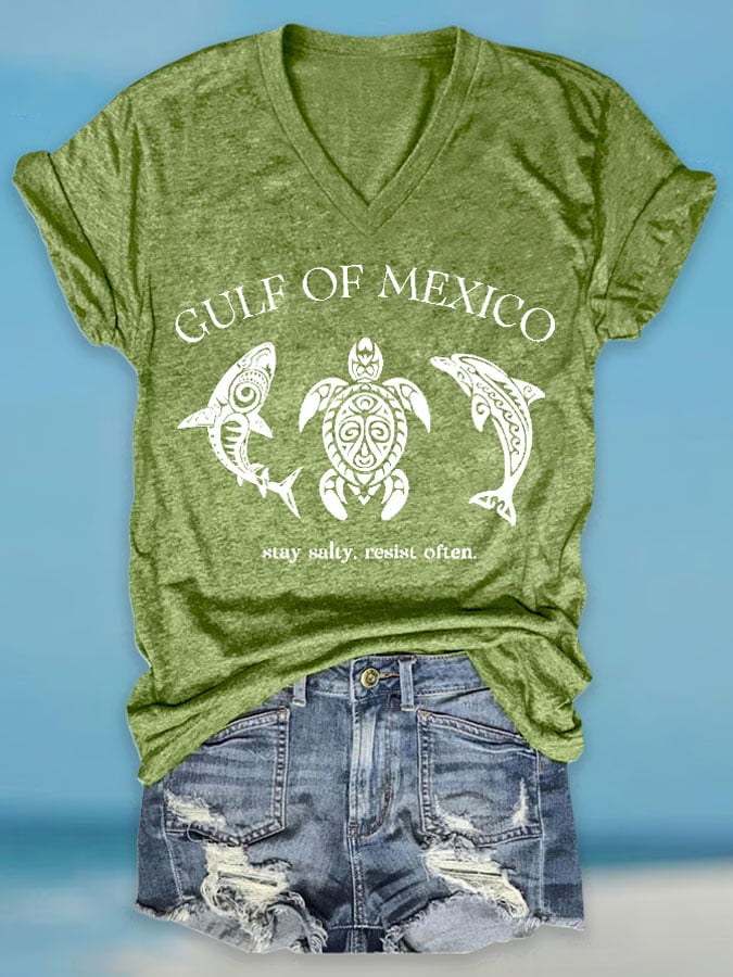 Women's Retro Gulf Of Mexico Stay Salty Resist Often Print T-Shirt