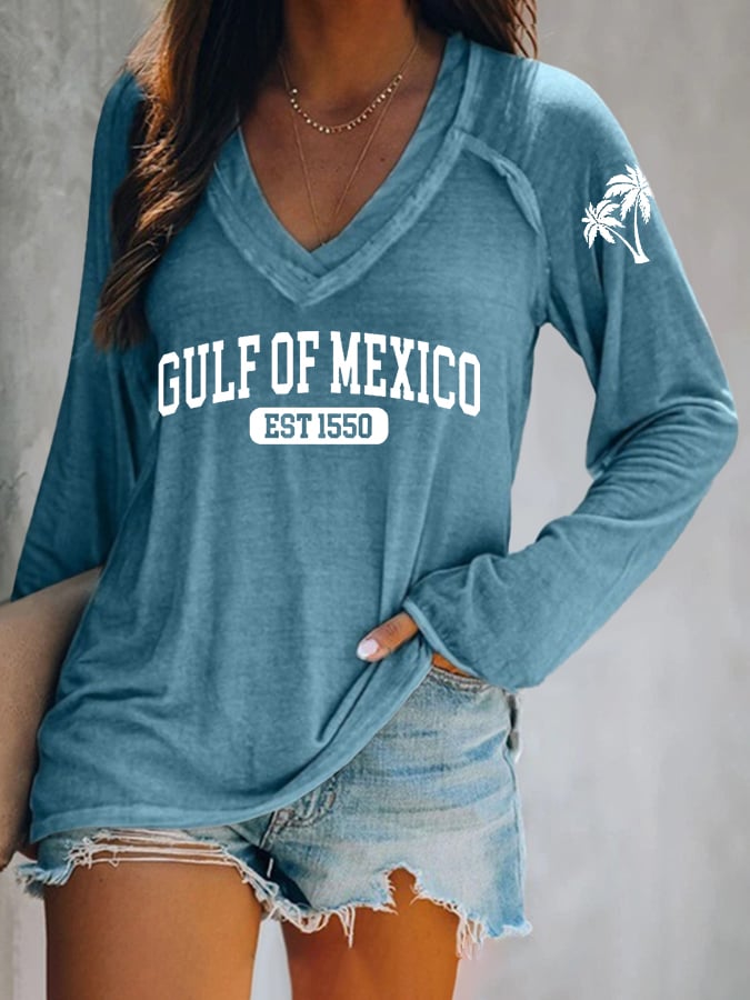 Women's Gulf Of Mexico Print V Neck T-Shirt