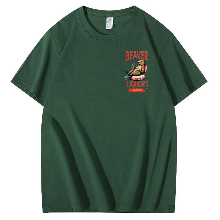 Beaver Pattern Print Crew Neck T-Shirt