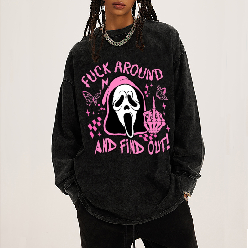 Find Out Unisex Casual Washed Printed Round Neck Sweatshirt