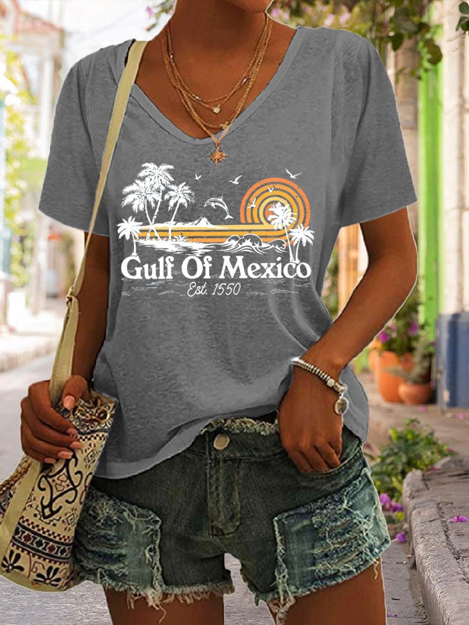 Women's Gulf Of Mexico Print V Neck Casual T-Shirt