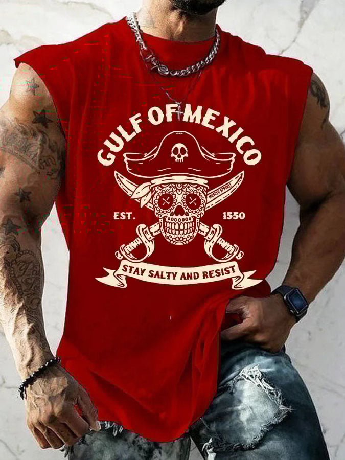 Men'S Retro Gulf Of Mexico Est 1550 Stay Salty And Resist Print Sleeveless Tank Top