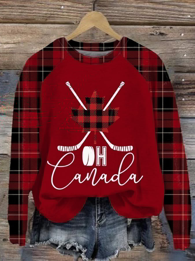 Retro Women's Canadian Hockey Print Raglan Sleeve Sweatshirt