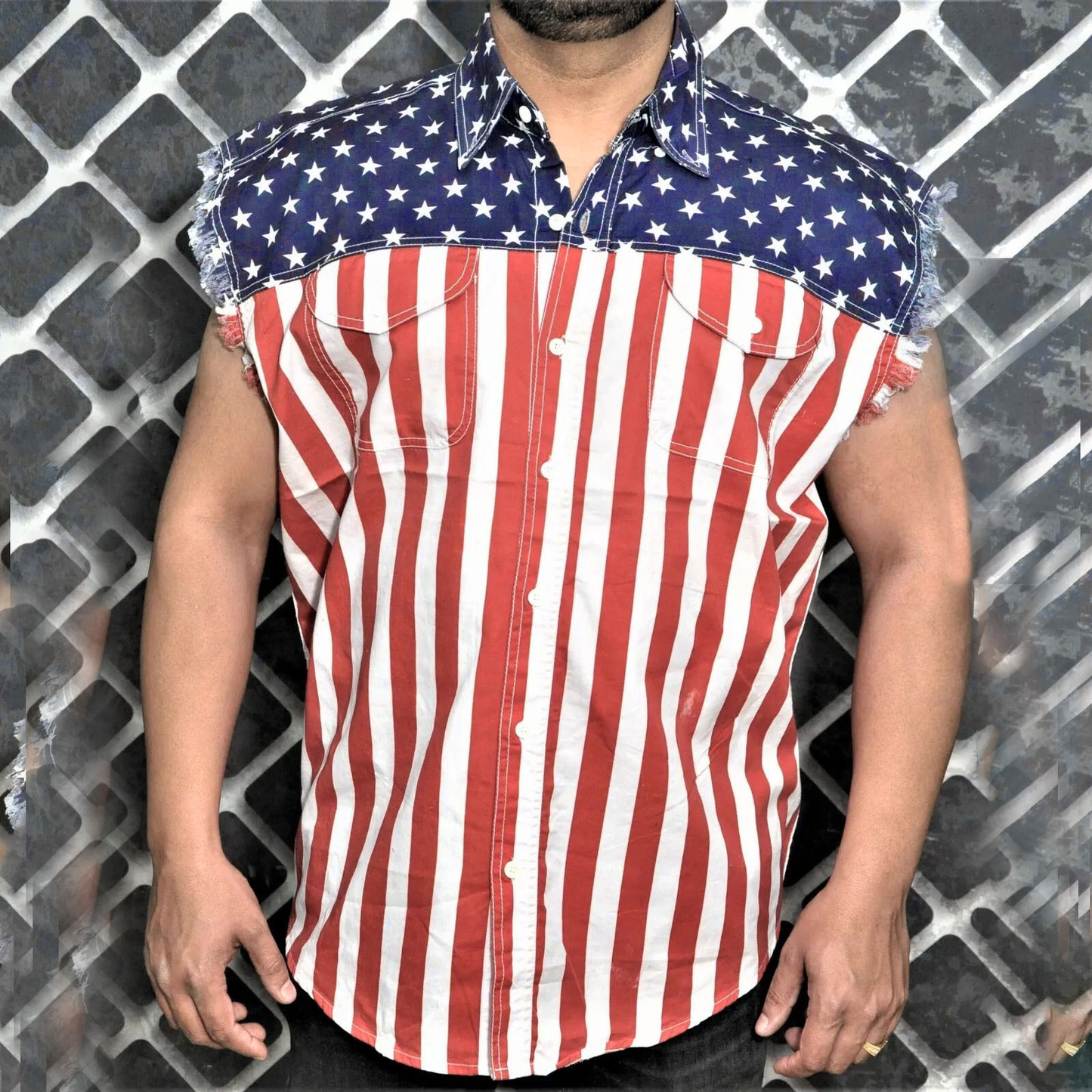 Men'S Independence Day Denim Tank Top Button Down Work Jacket