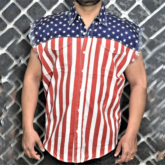 Men'S Independence Day Denim Tank Top Button Down Work Jacket