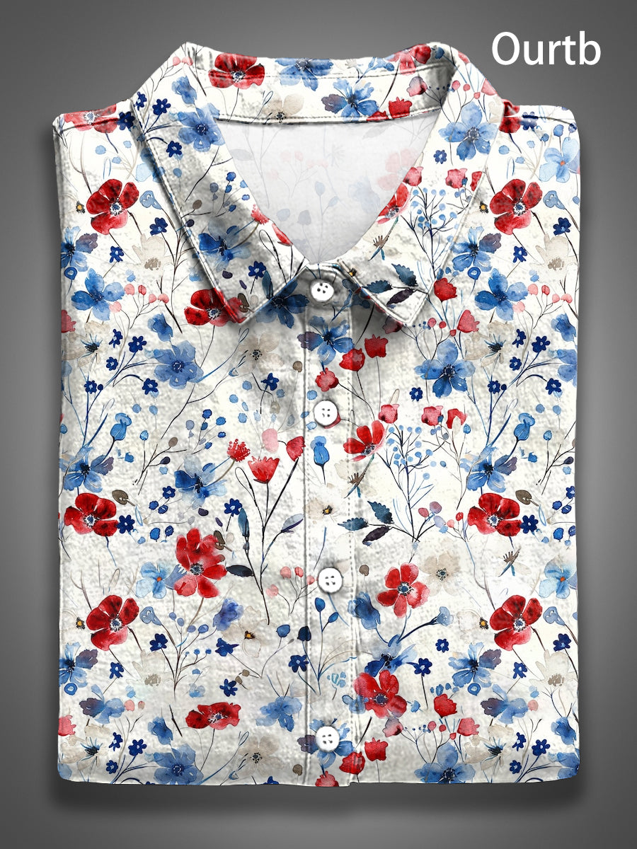 Vintage Floral 1776 Freedom USA Independence Day Abstract Pattern Art Print Casual 100% Cotton Shirt