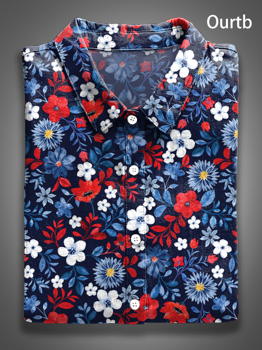 Vintage Floral Red White Blue 1776 Freedom USA Independence Day Abstract Pattern Art Print Casual 100% Cotton Shirt