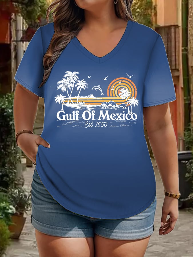 Women's Plus Size Gulf Of Mexico Print V-Neck T-Shirt
