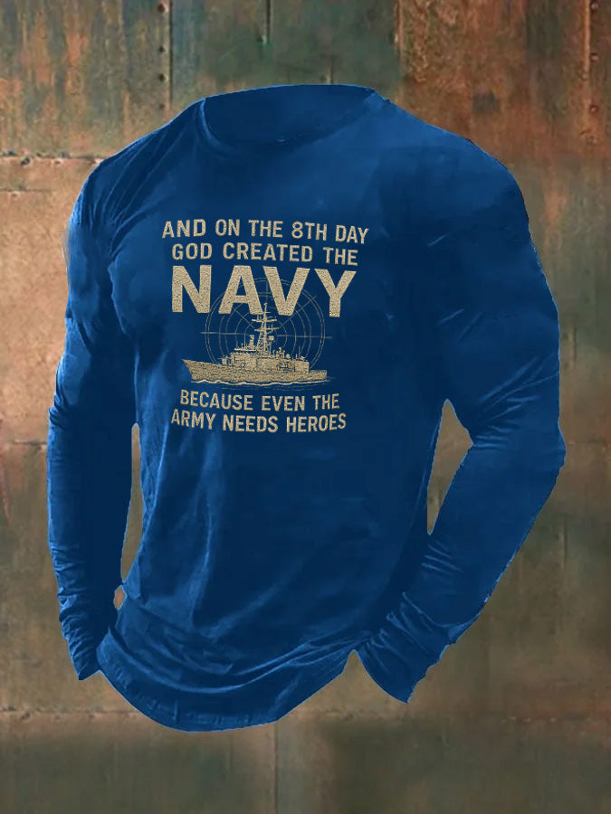 Men's Navy  Pattern Long Sleeve 100% Cotton T-Shirt