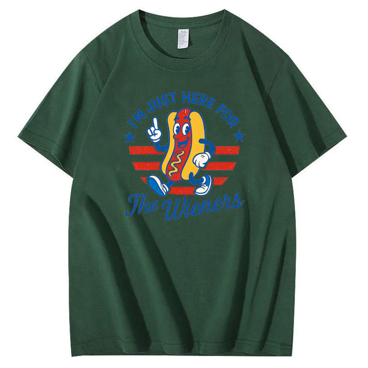 4th Of July Just Here For The Wieners Pattern Print Cotton T-Shirt