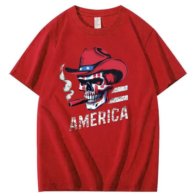 Independence Day Skull America Pattern Print 100%Cotton T-Shirt
