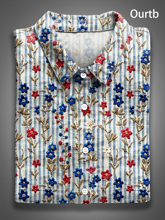 Vintage Floral Red White Blue 1776 Freedom USA Independence Day Abstract Pattern Art Print Casual 100% Cotton Shirt