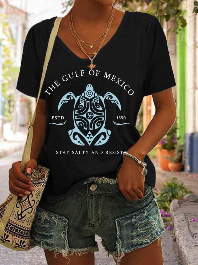 Women's Gulf Of Mexico Print V Neck Casual T-Shirt