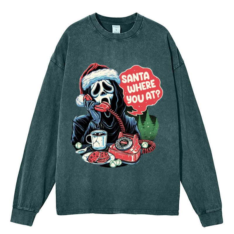 Santa Where You At Unisex Washed Printed Round Neck Sweatshirt