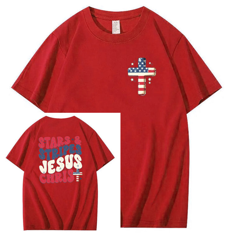 Independence Day Stars&Stripes Jesus Chirs Pattern Print T-Shirt