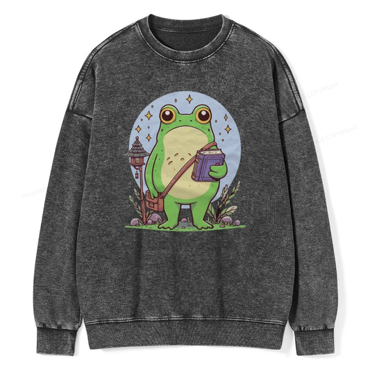 Frog Reading Book Unisex Washed Sweatshirt