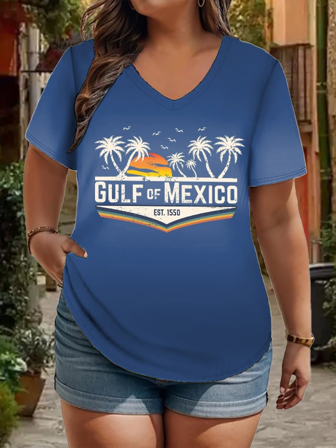 Women's Plus Size Gulf Of Mexico Print V-Neck T-Shirt