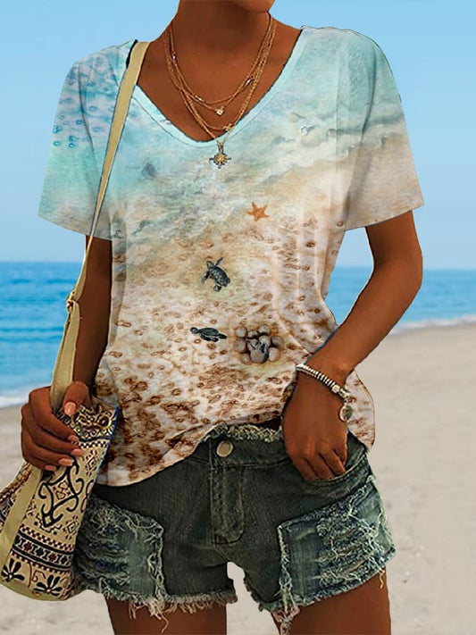 Women's Hawaiian Turtle Print Casual V-Neck T-Shirt
