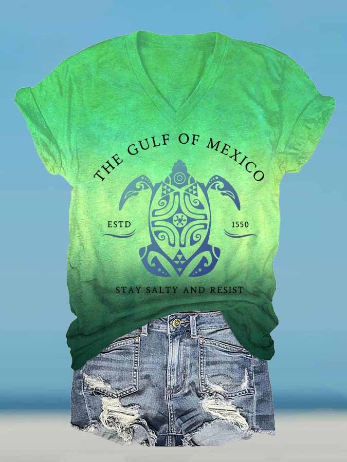 Women's Gulf Of Mexico Print V Neck T-Shirt