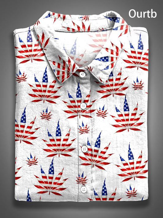 Marijuana Flag Red White Blue Abstract 1776 Freedom USA Independence Day Abstract Pattern Art Print Casual 100% Cotton Shirt