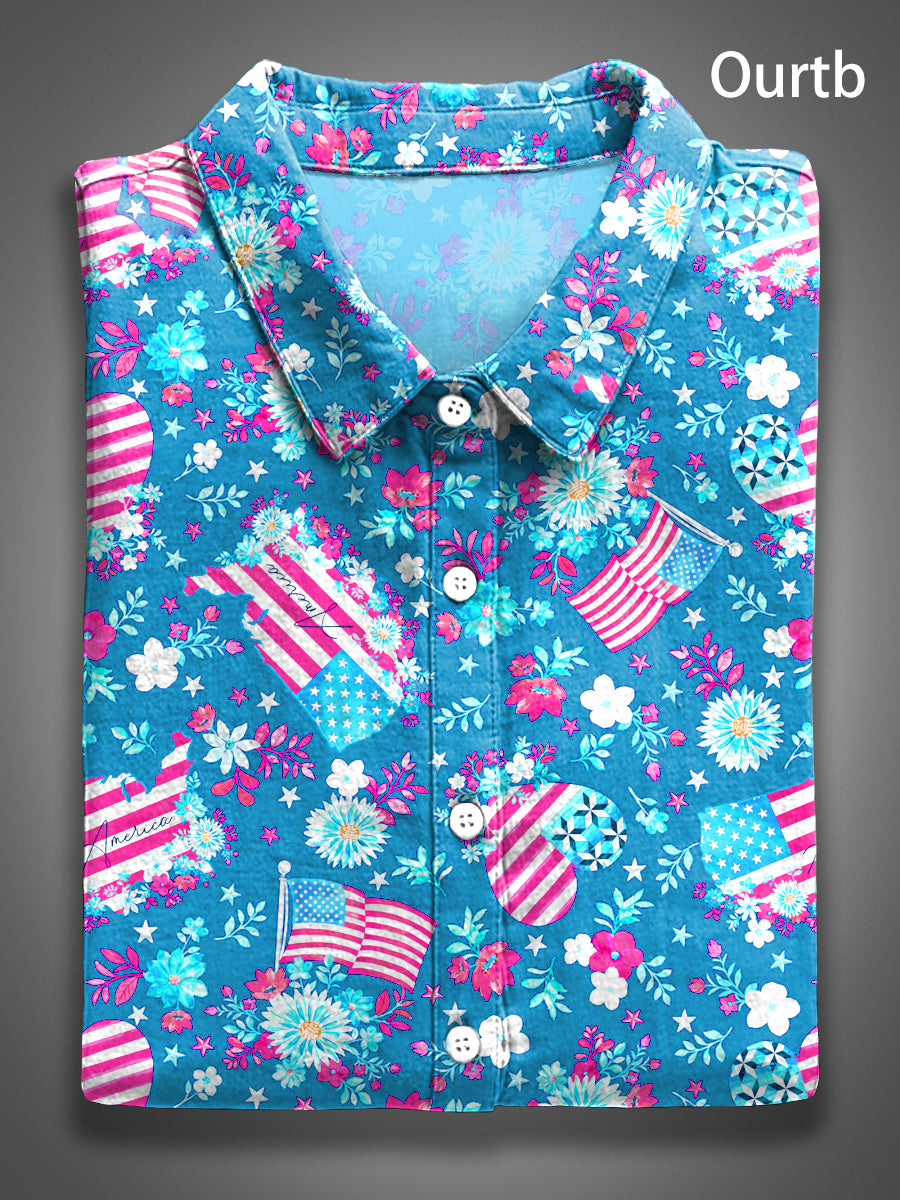 Floral Flag Red White Blue Abstract 1776 Freedom USA Independence Day Abstract Pattern Art Print Casual 100% Cotton Shirt