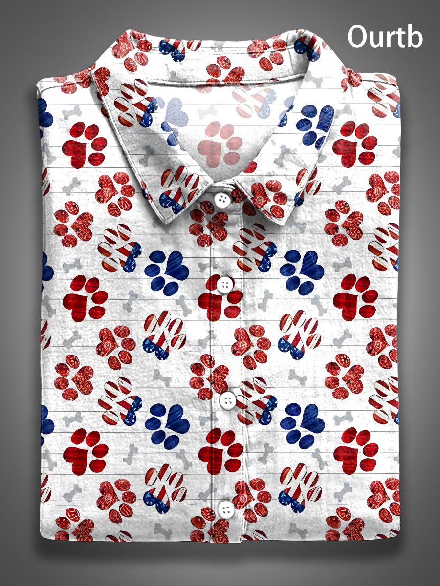 Dog Footprints Love Heart Red White Blue Abstract 1776 Freedom USA Independence Day Abstract Pattern Art Print Casual 100% Cotton Shirt