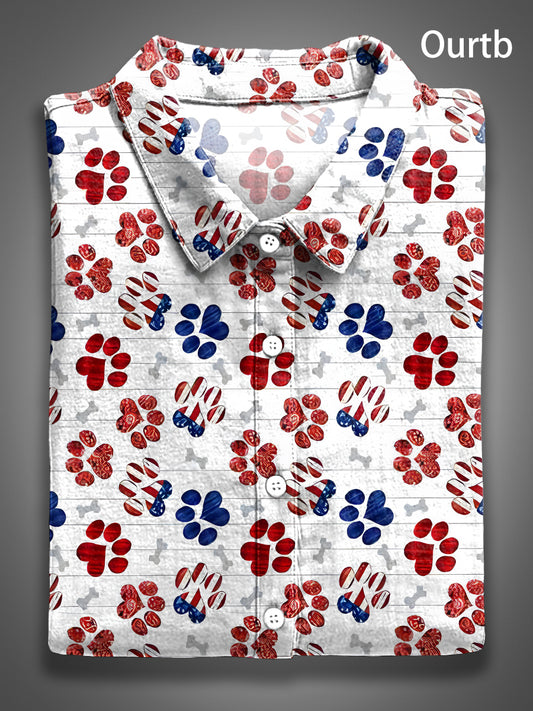 Dog Footprints Love Heart Red White Blue Abstract 1776 Freedom USA Independence Day Abstract Pattern Art Print Casual 100% Cotton Shirt