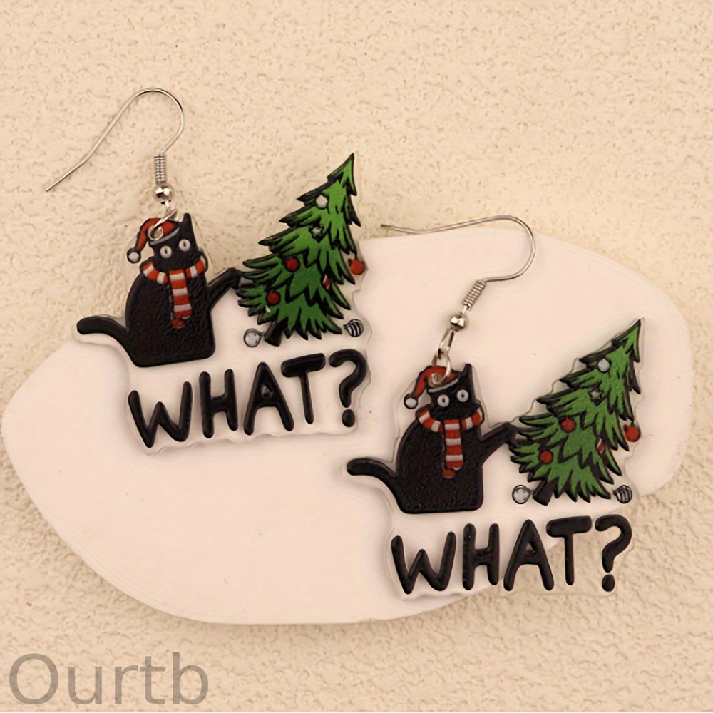 Black Cat & Christmas Tree Cartoon Earrings