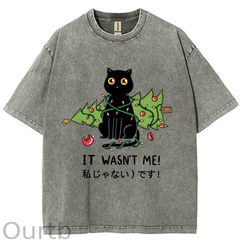 Unisex Christmas Cat Printed Washed Tee