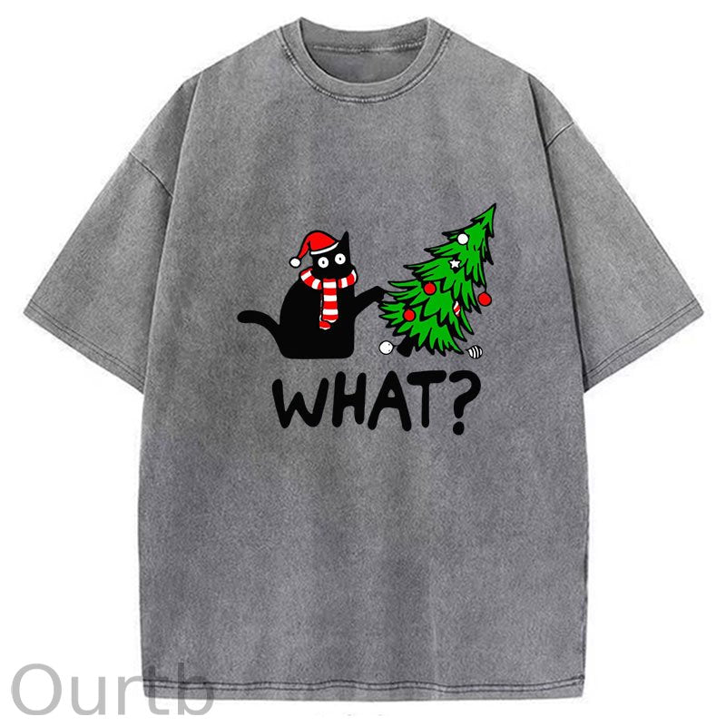 Black Cat What Christmas Washed T-Shirt