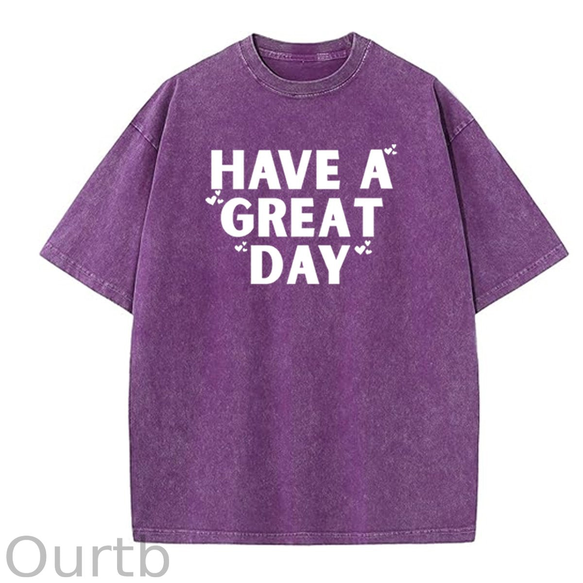 Have A Great Day Pattern  Washed Distressed Crew Neck 100% Cototon T-Shirt