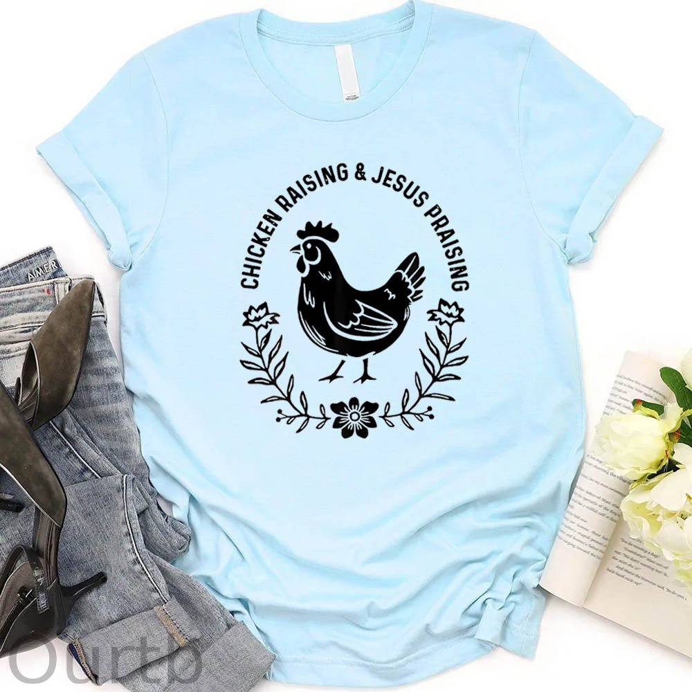 Chicken Raising&Jesus Parising Pattern Round-Neck T-Shirt