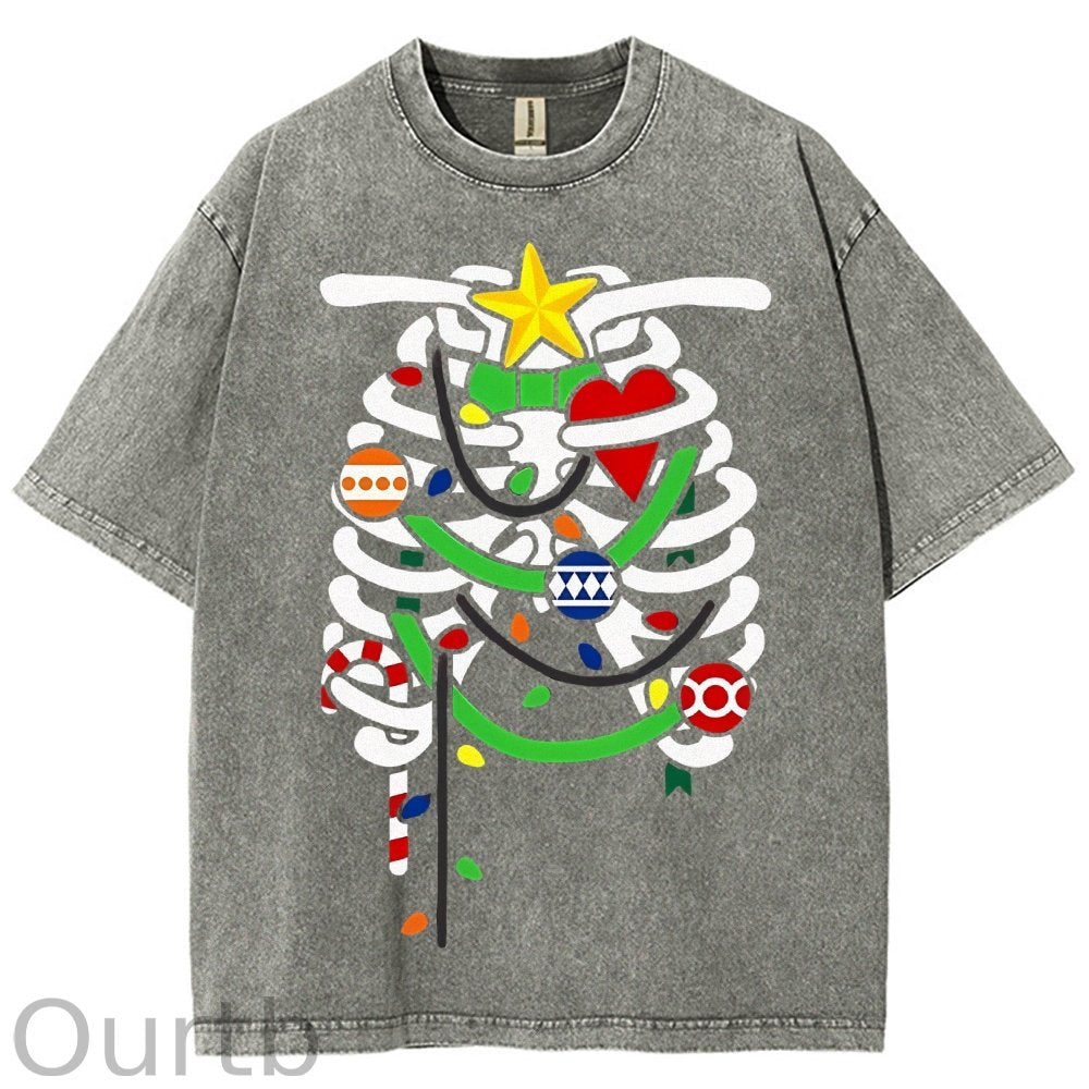 Unisex Christmas Skull Printed Washed Tee