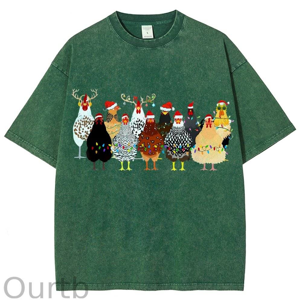 Unisex Christmas Chicken Printed Washed Tee