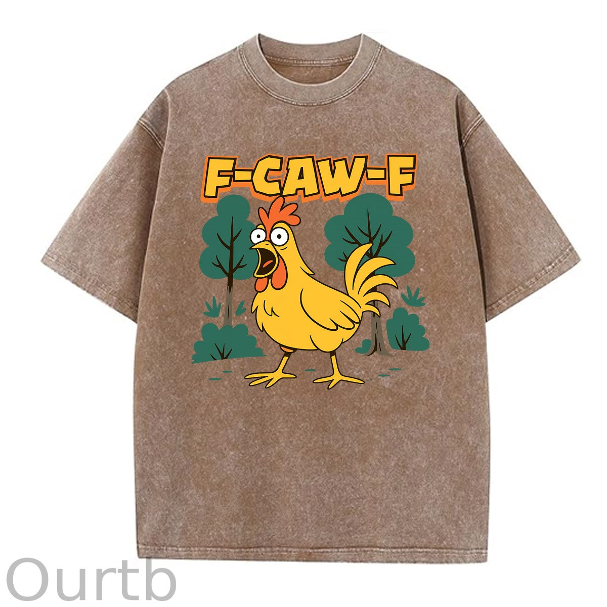F-Caw-F Crazy Shocked Chicken Pattern  Washed Distressed Crew Neck 100% Cototon T-Shirt